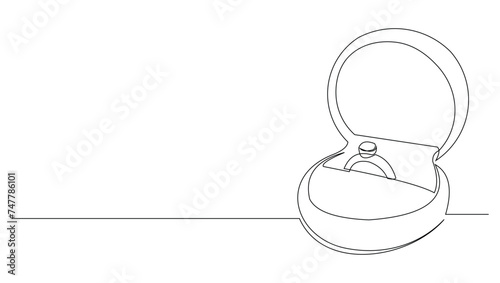 Continuous single line sketch drawing of wedding couple rings in elegant box. One line art of engagement and love marriage symbol vector illustration