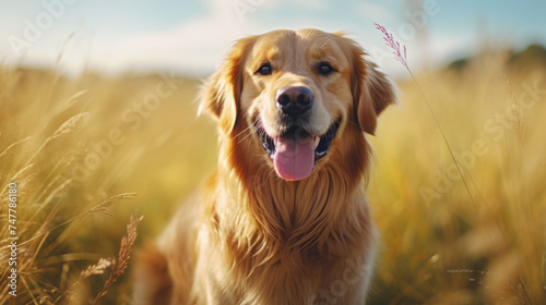 Peaceful image of dog sitting in field of tall grass