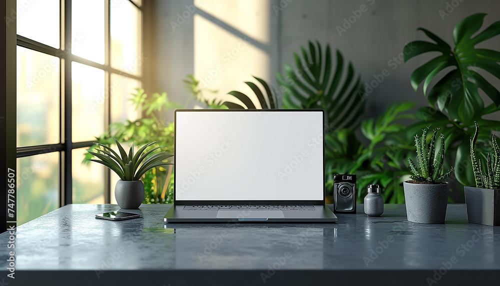 Fototapeta premium From the front view, the silver laptop has a lot of plants and sunlight coming in from the left side of the laptop
