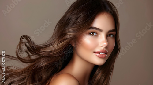 Model girl with shiny brown smooth healthy hair with long straight and glowing, skin natural beauty smooth skin for Care and hair products