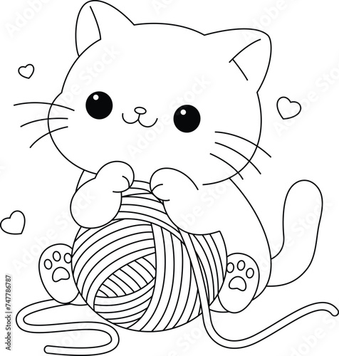 Cute cat is playing with wool ball coloring page. Cute character design. Graphic elements for kids. Cartoon hand drawn style.