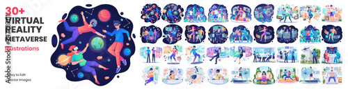 Mega Collection of Virtual Reality Concept Illustrations With People in VR Glasses Playing Games, Working, and Learning. People Using VR Technology for Business, E-Commerce, Gaming, Science, and Study