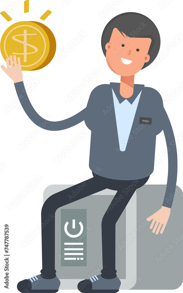 Male Character Sitting on Safe and Holding Dollar Coin
