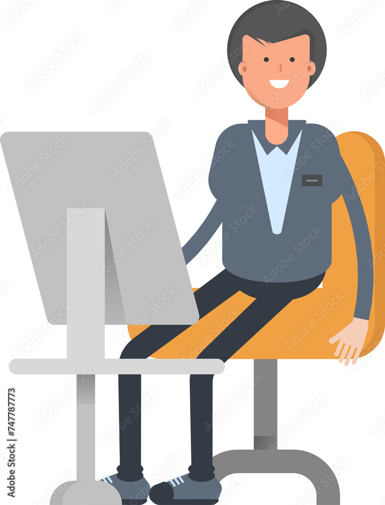 Male Character Working on Desktop
