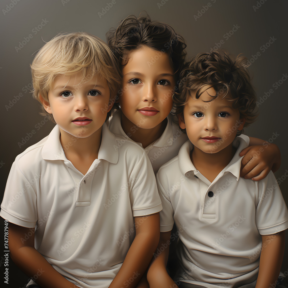 Marketing photo of 3 Happy Mexican children with white T-shirt Marketing photo of 3 Happy Mexican children with white T-shirt