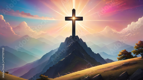 Silhouettes of cross on top mountain with bright sunbeam