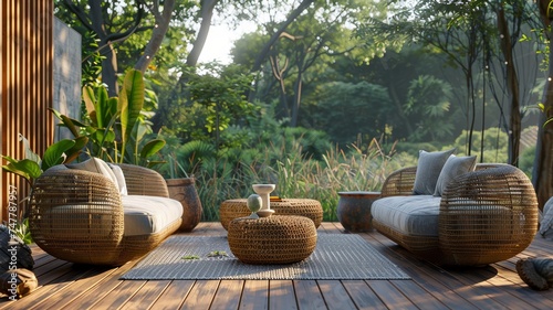 Relaxing patio escape with curved rattan furniture amidst a serene garden oasis. © sopiangraphics