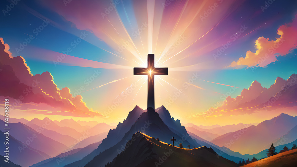 Silhouettes of cross on top mountain with bright sunbeam - obrazy, fototapety, plakaty 