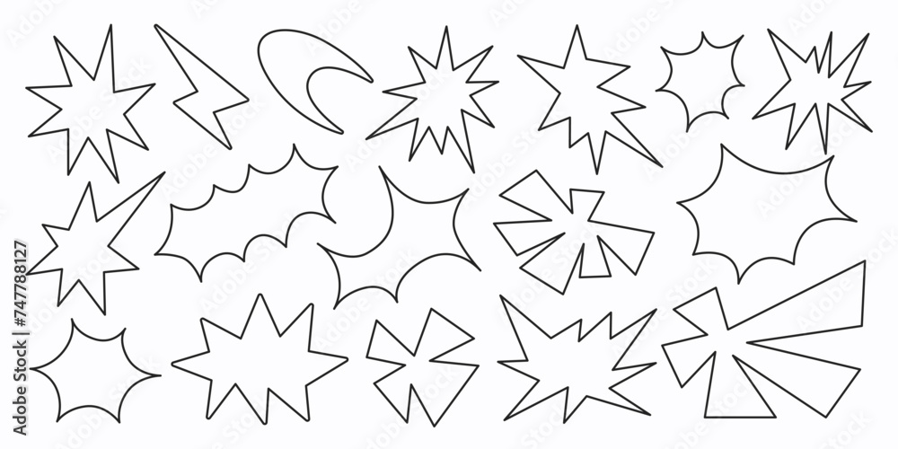 Abstract set linear retro funky shapes on a white background. Trendy geometric cosmic starburst forms. Vector illustration in style 90s, 00s