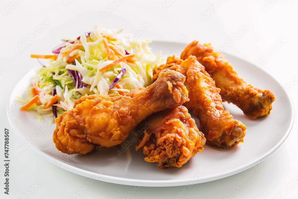 Fried chicken with coleslaw and salad on a white background
