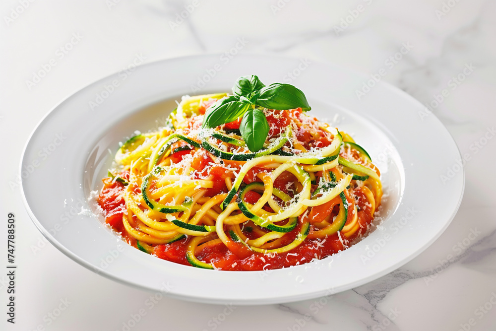 Spaghetti with zucchini and tomato sauce on a white plate