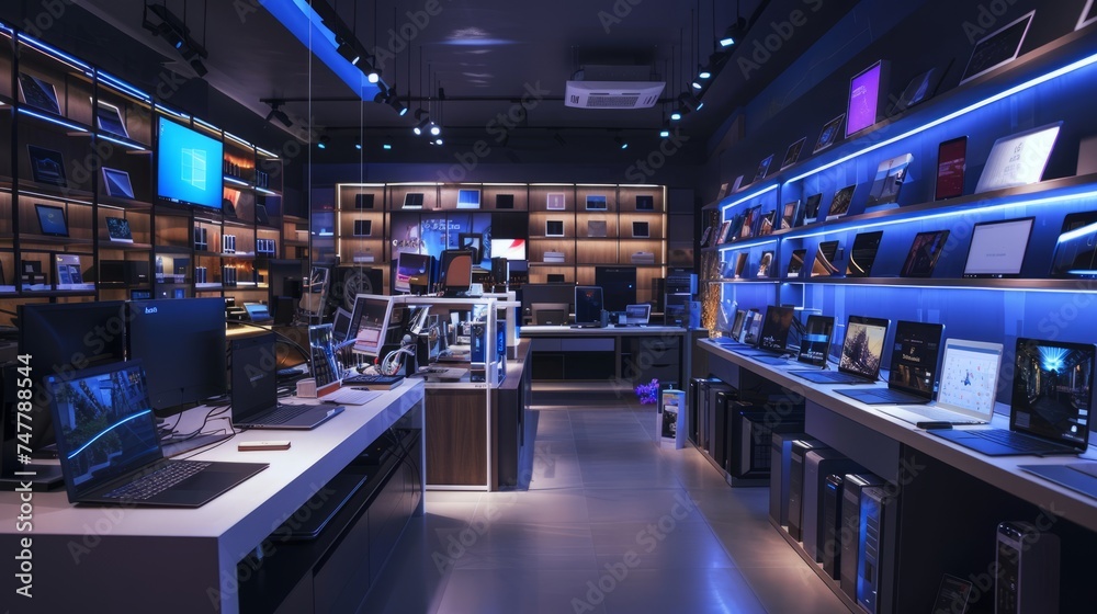 Spooky modern electronics store showcasing laptops and gadgets galore for tech enthusiasts