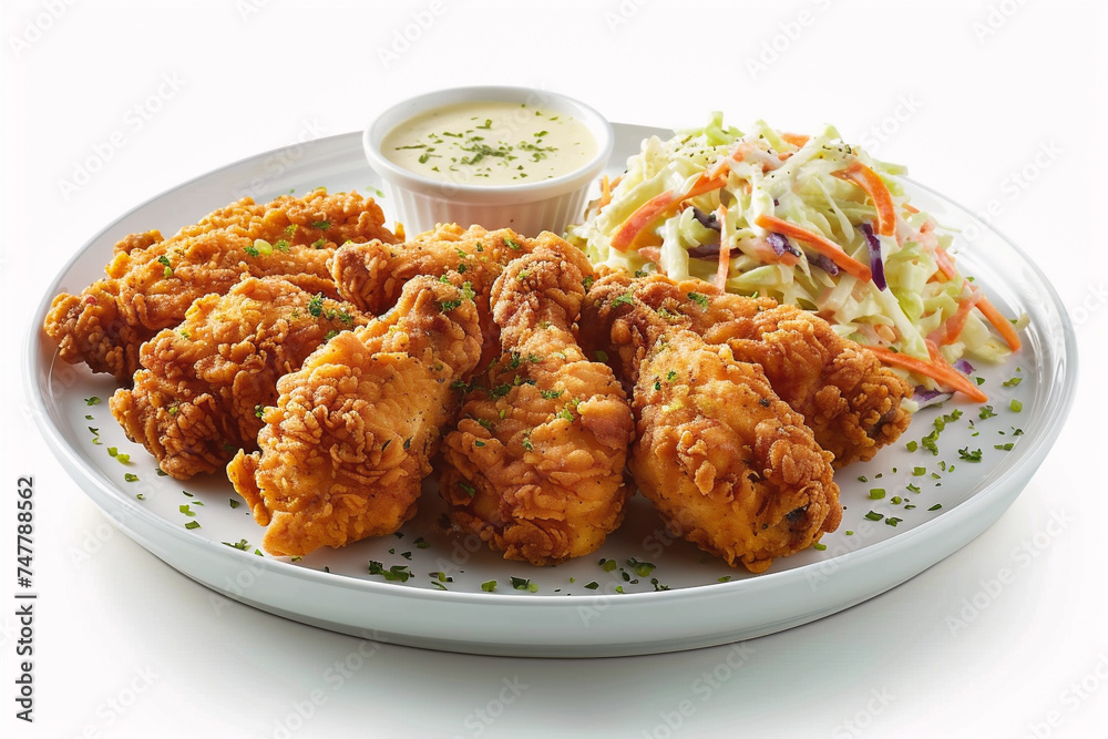 Fried chicken with coleslaw and salad on a white background Fried chicken with coleslaw and salad on a white background