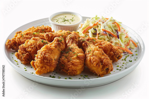 Fried chicken with coleslaw and salad on a white background