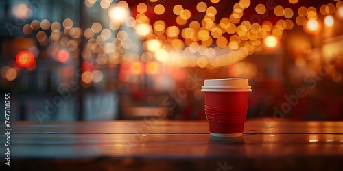A single coffee cup surrounded by a festive bokeh lighting on a wooden table