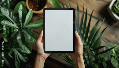 hand holding a tablet mockup with a blank screen and a little plant