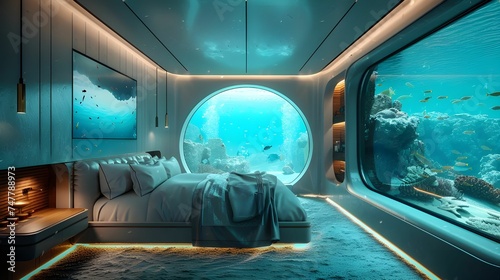Oceanic View from a Submerged Luxury Bedroom Ai generated 