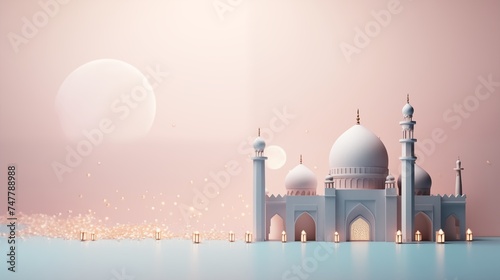 Pink Ramadan kareem and eid fitr islamic concept background mosque and lantern illustration for wallpaper, poster, greeting card and flyer.