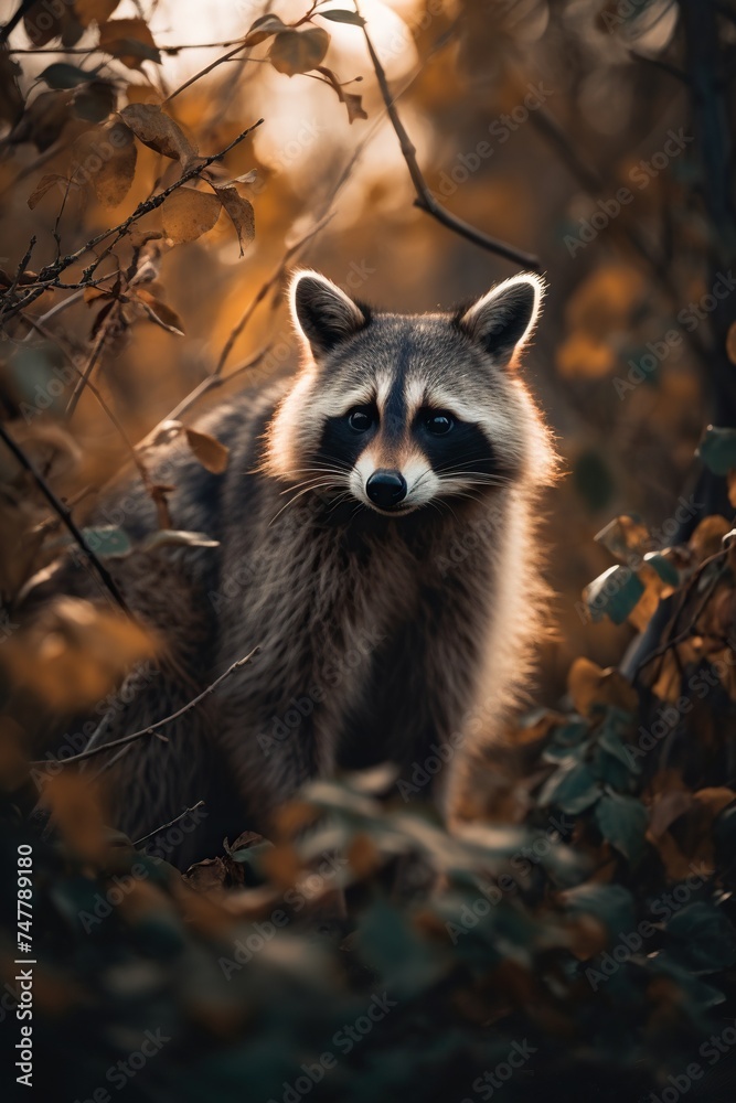 Raccoon in the woods hiding in dense foliage