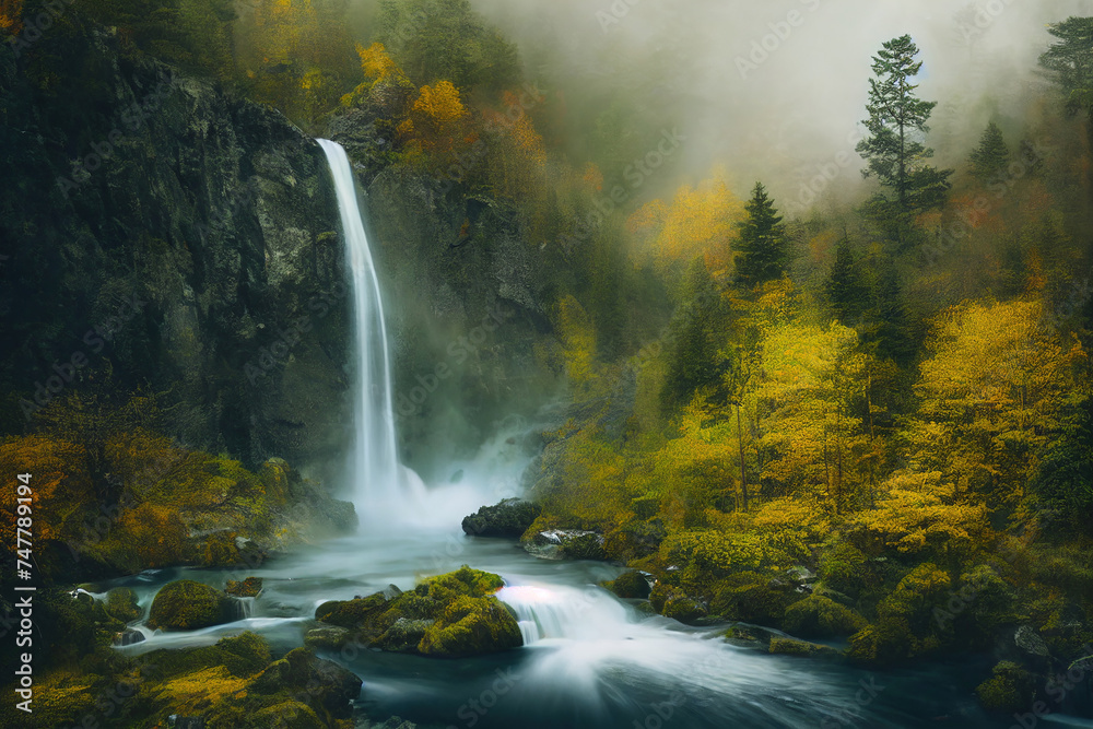 Dynamic landscape of a tall waterfall in an alpine forest. Autumn yellow foliage. Dynamic landscape of a tall waterfall in an alpine forest. Autumn yellow foliage.