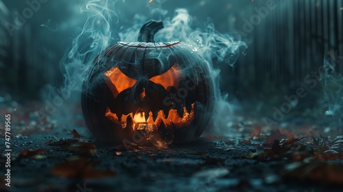 A hauntingly atmospheric Halloween pumpkin casting eerie shadows in the autumn night.