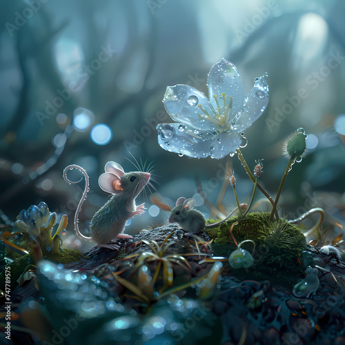 Two mice gaze in awe at a sparkling dew-covered crystal flower in a mystical forest setting