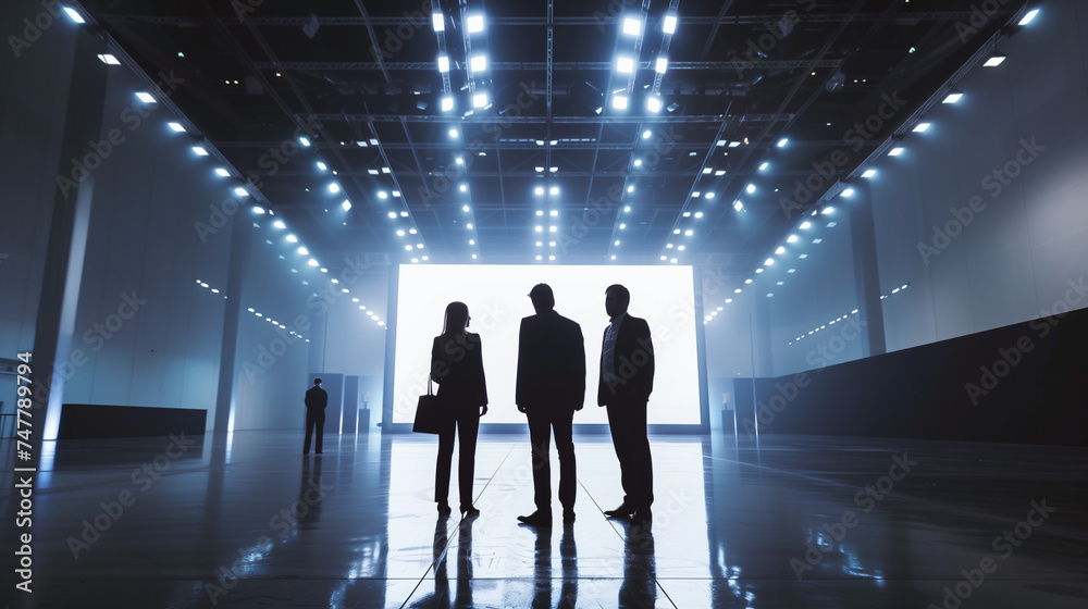 Back view of business executives standing in exhibition hall