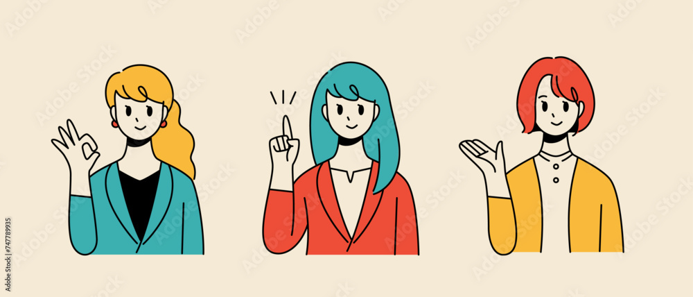 3 pose set illustration of an office worker with OK, explanation, and guidance gestures 3 pose set illustration of an office worker with OK, explanation, and guidance gestures