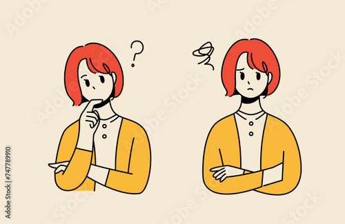 Illustration 2 pose set of a woman with a doubtful and troubled expression