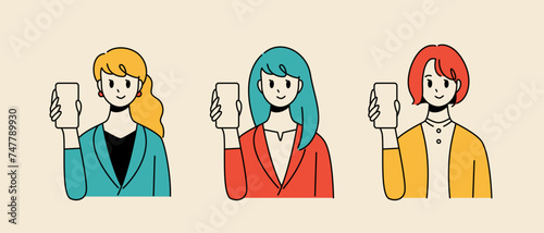 Illustration set of 3 patterns of women showing smartphones