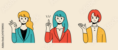 3 pose set illustration of an office worker with OK, explanation, and guidance gestures