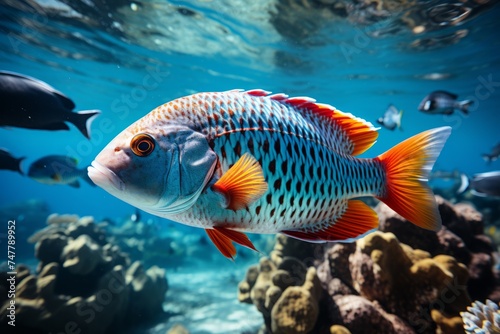 Colorful Fish Swimming Near Coral Reef in Clear Blue Water