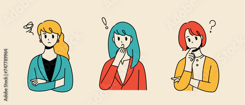 Three pose set illustrations of office workers, expressions of anxiety, surprise, and doubt