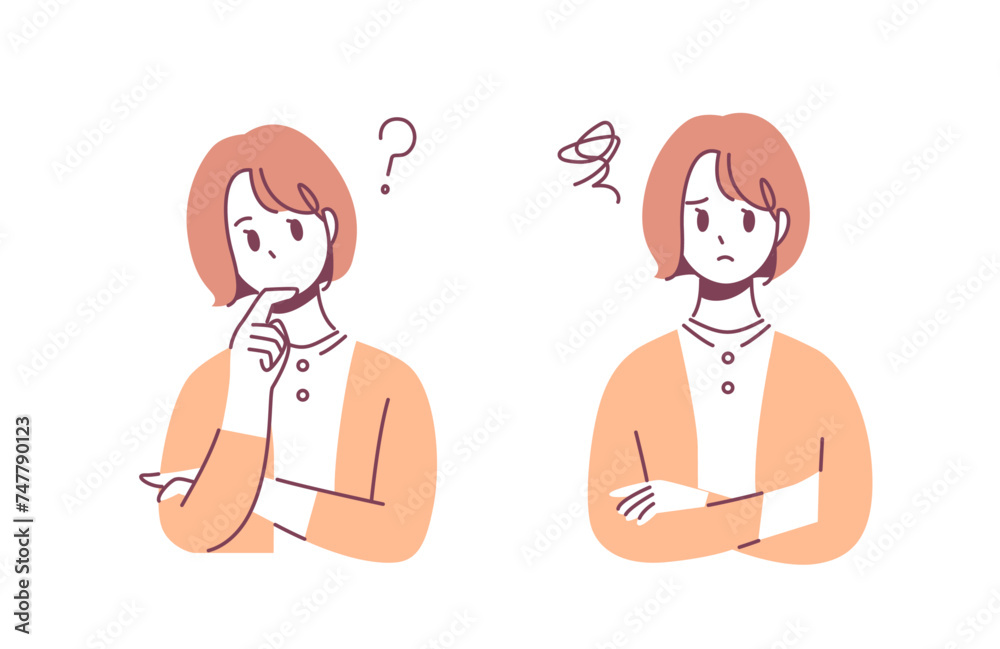 Illustration 2 pose set of a woman with a doubtful and troubled expression Illustration 2 pose set of a woman with a doubtful and troubled expression
