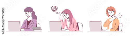 Three types of illustration set of office workers, desk work poses