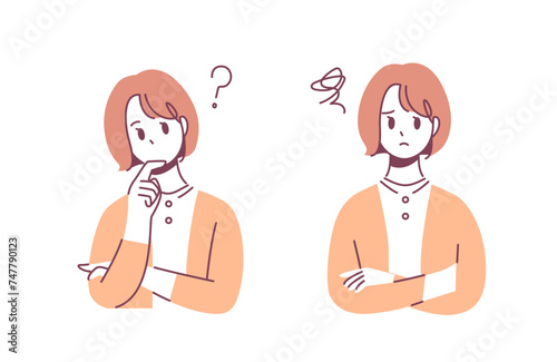 Illustration 2 pose set of a woman with a doubtful and troubled expression