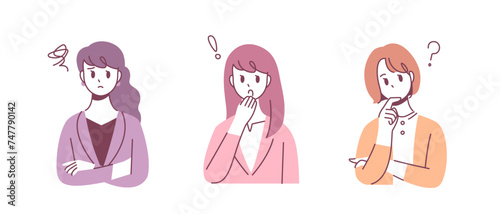 Three pose set illustrations of office workers, expressions of anxiety, surprise, and doubt