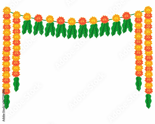 Indian traditional floral garland with marigold flowers and mango leaves for indian hindu weddings and festival vector illustration.

