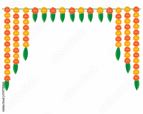 Indian flower garland of mango leaves and marigold flowers wedding and festival decoration background vector illustration.