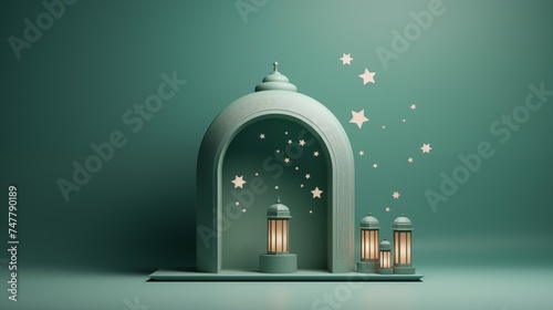 Green lantern and star, Ramadan kareem and eid fitr islamic concept background illustration for wallpaper, poster, greeting card and flyer.