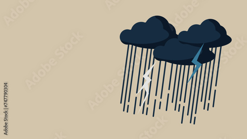 Vector illustration of heavy rain. A lot of rain is falling from the rain clouds. There is thunder.