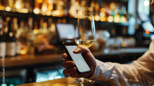 Close up of male hands holding a phone and a glass of wine at the bar, restaurant on the dining table
