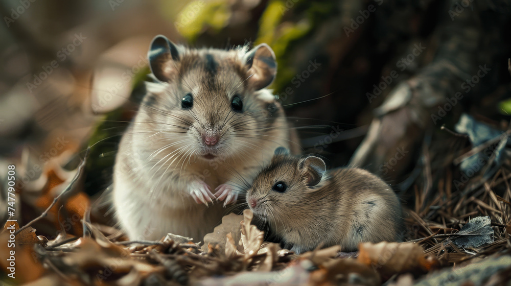 Mother hamster with its baby sharing a tender moment of piece and quiet.