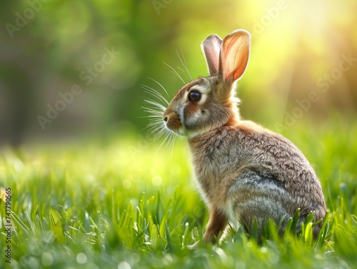 A rabbit in bright sunshine on a lush green lawn.