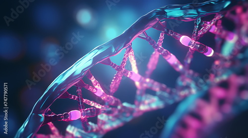DNA structure in blue light on dark background. Generative AI