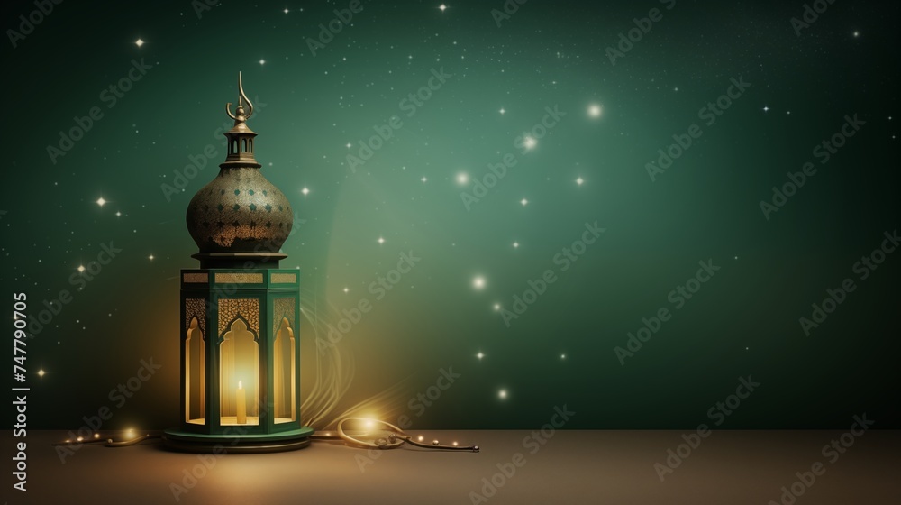 Fototapeta premium Green and gold shining lamtern, Ramadan kareem and eid fitr islamic concept background illustration for wallpaper, poster, greeting card and flyer.