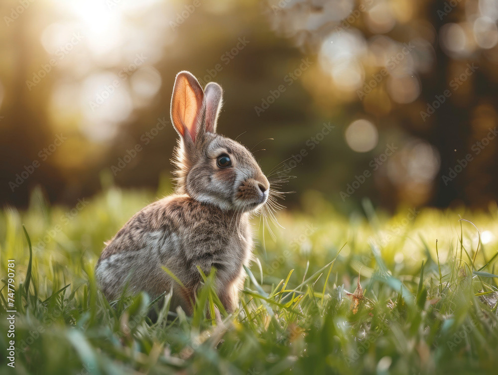 Obraz premium A rabbit enjoys the evening light in a lush green field.