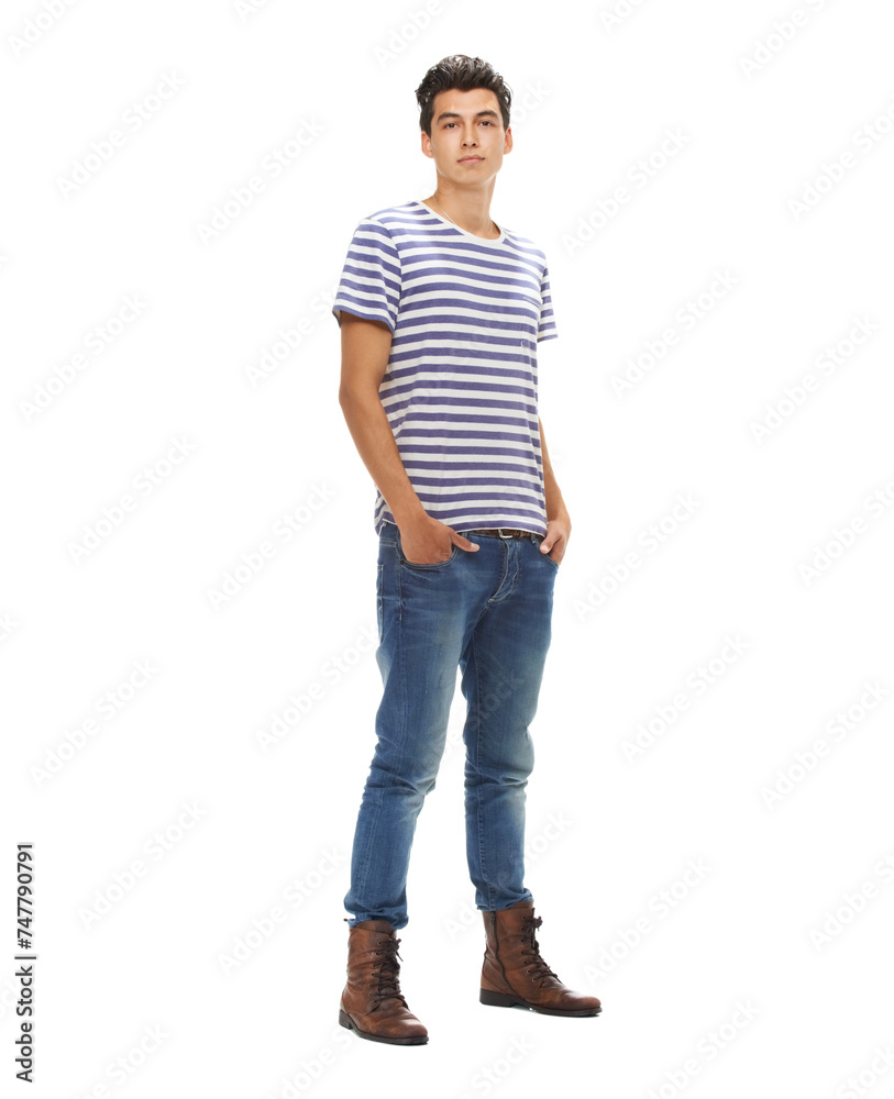 Φωτογραφία Portrait, man and fashion with relaxed, casual and edgy clothes isolated in studio by white background