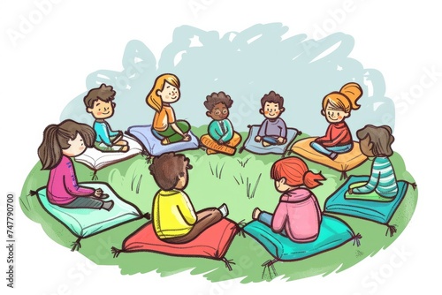 Cartoon cute doodles of kids sitting in a circle on sleeping bags, playing truth or dare, Generative AI