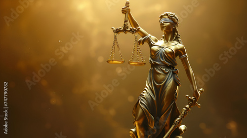 Bronze statue of Themis, Goddess of Justice holding Law Scales. Copy space. generative ai